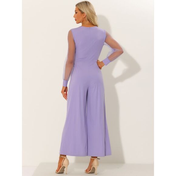 V Neck Mesh Long Sleeve Loose Wide Leg Romper Jumpsuits Light Purple - Picture 4 of 6
